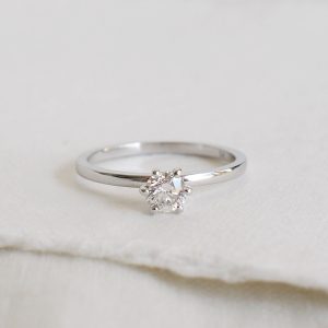 Anel solitário minimalista com diamante em ouro 18k sobre fundo branco