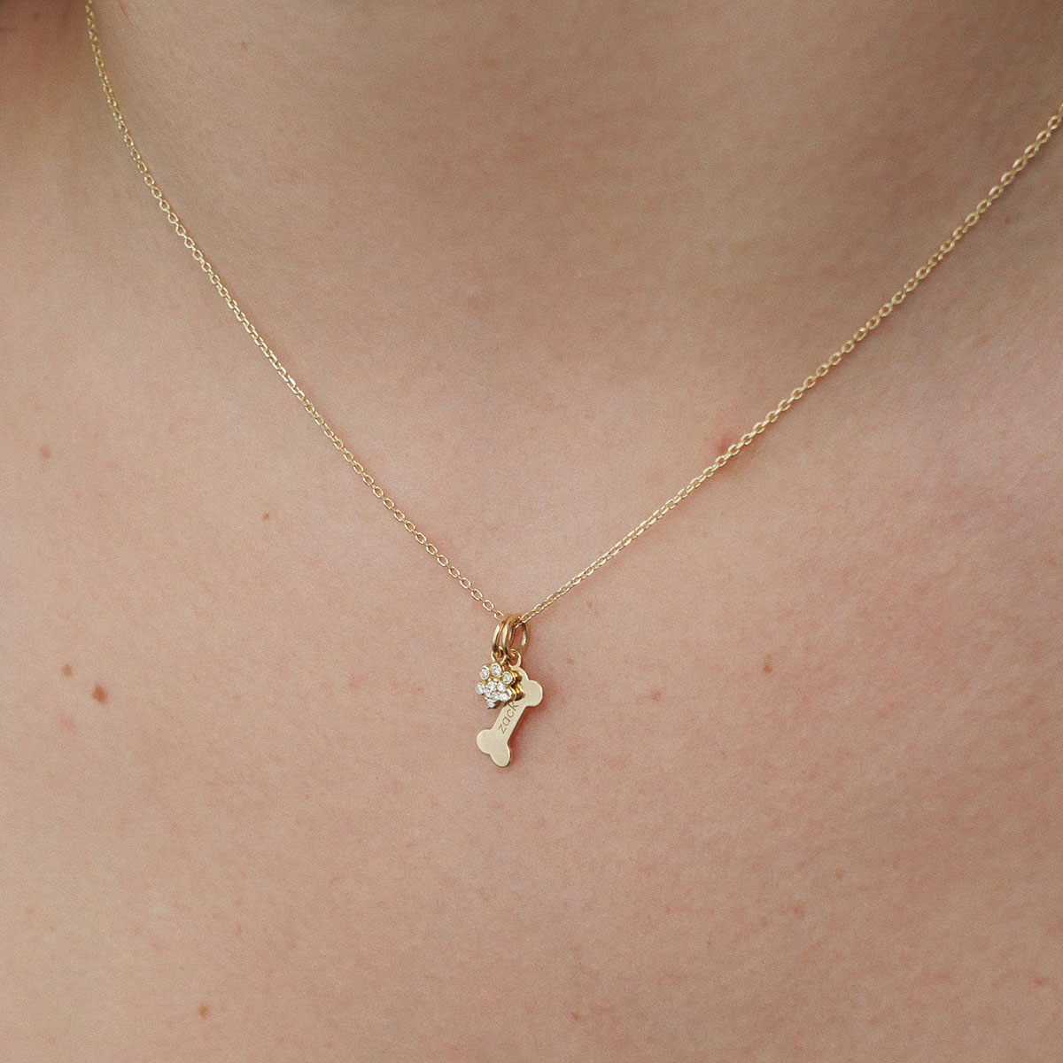 colar de ouro 18k com patinha e ossinho de cachorro com gravação de nome e brilhantes