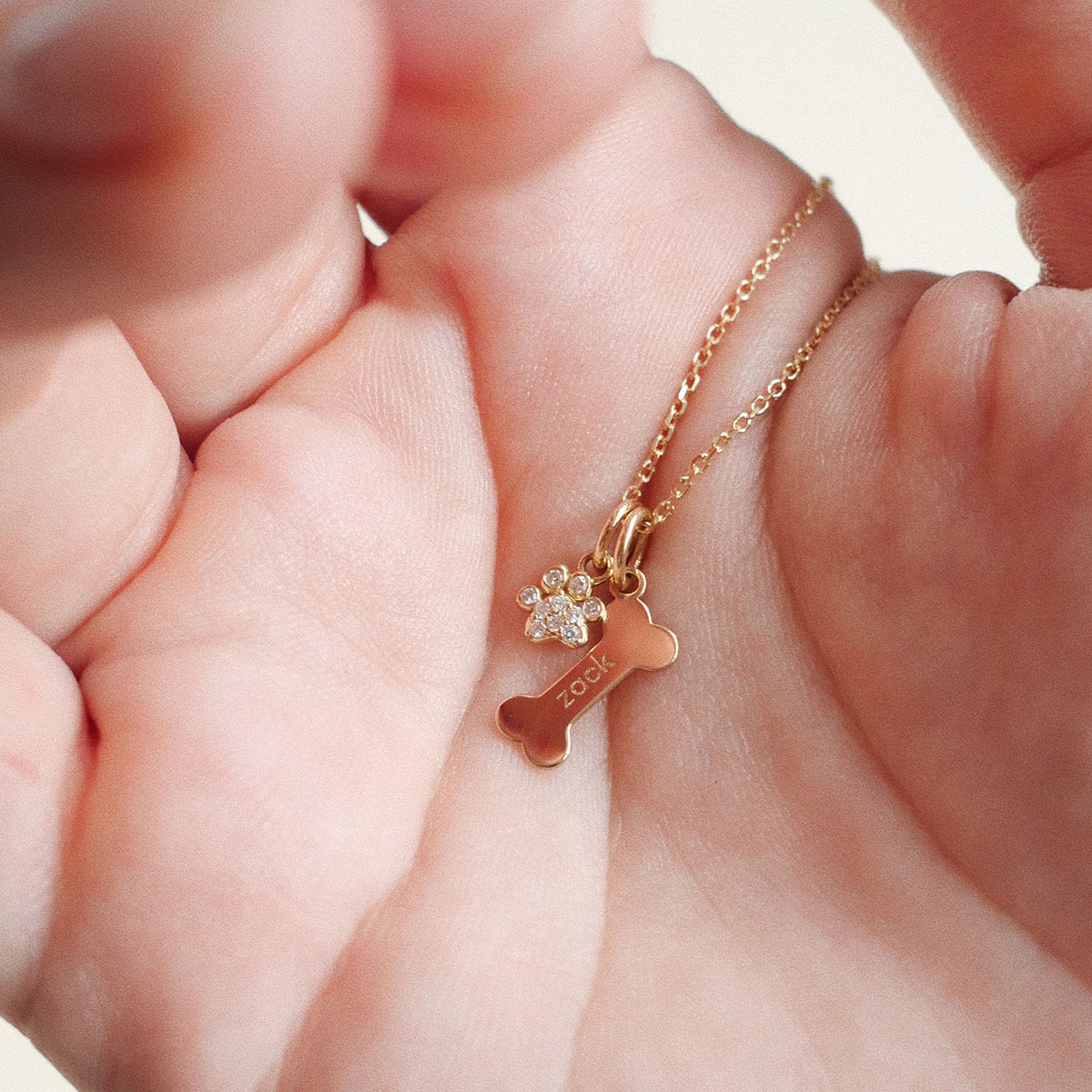 colar de ouro 18k com patinha e ossinho pet personalizado com nome e brilhantes