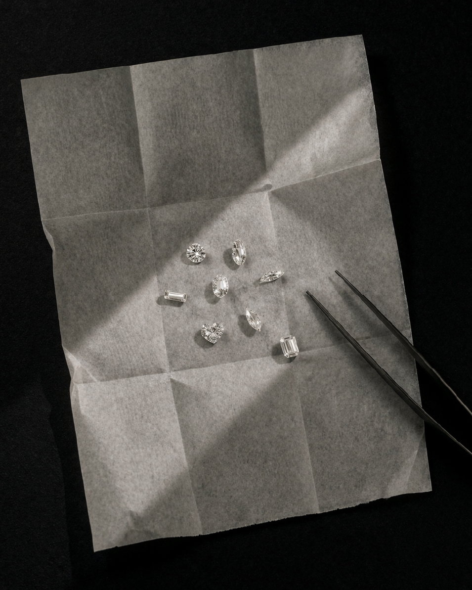 Diamantes naturais lapidados sendo selecionados manualmente para joalheria em ouro 18k